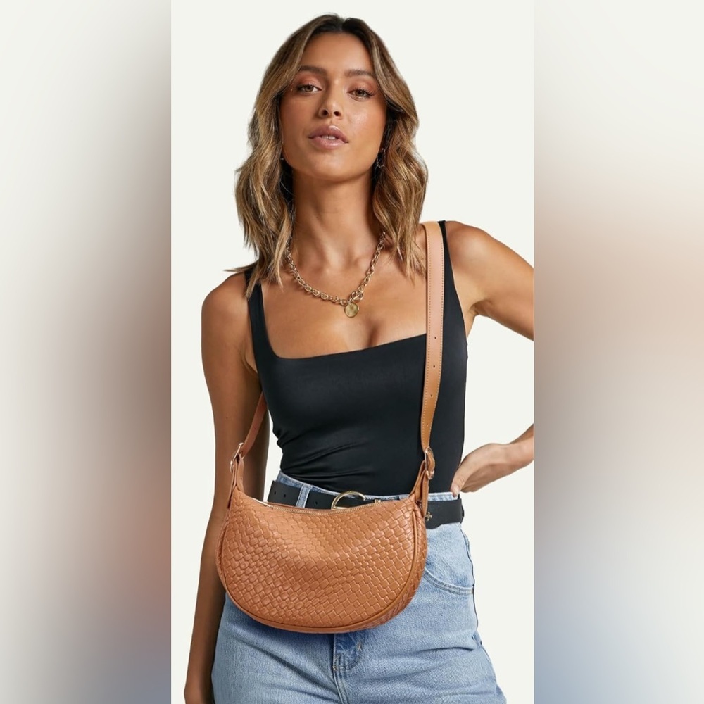 This is a BOSTANTEN woven vegan leather crescent shoulder bag